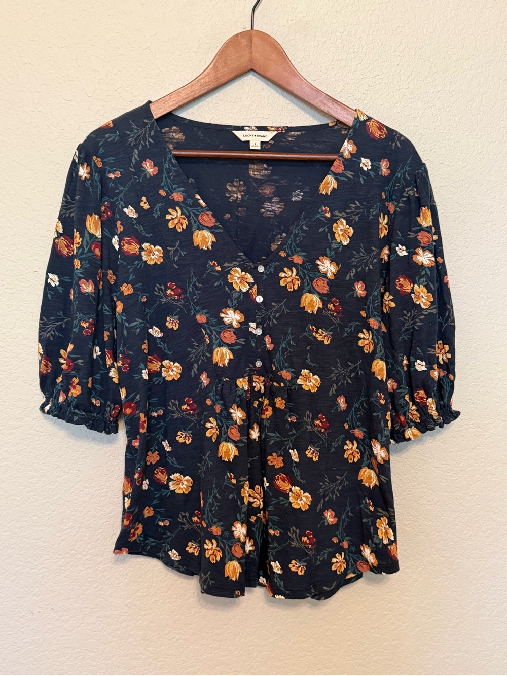 Lucky Brand Navy Floral V-Neck Gathered Puff Sleeve Peasant Top Size Large